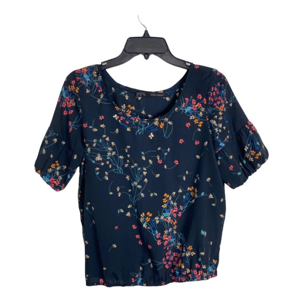 Zara Womens Shirt Adult Size Medium Blue Floral Short Sleeve Casual Dress Top